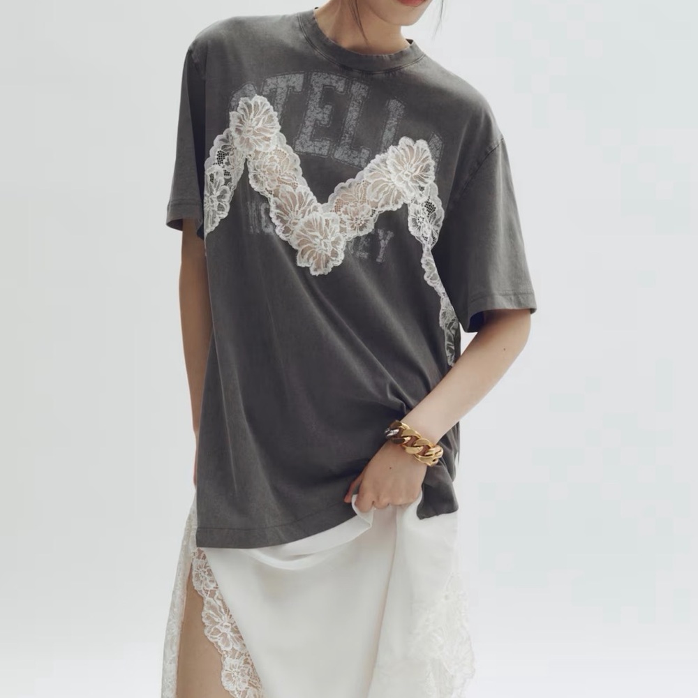 Stella McCartney Charcoal Tee with White Lace Applique